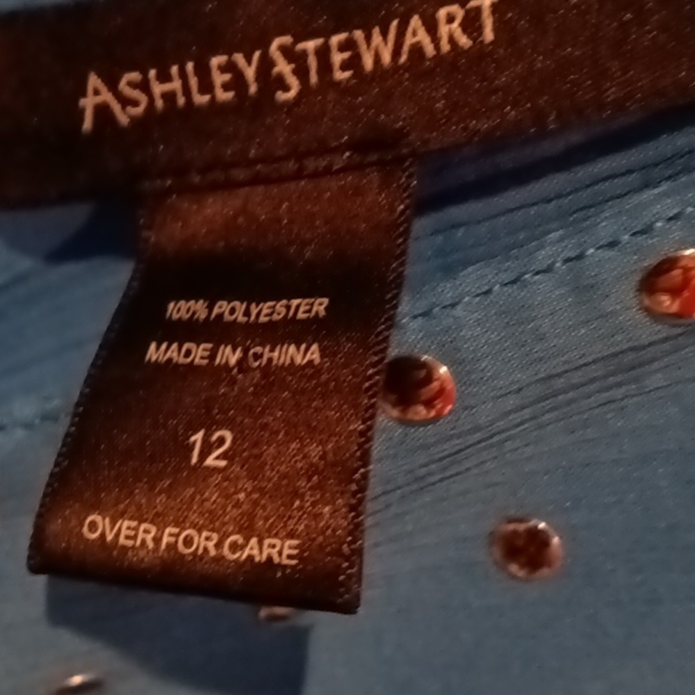 FINAL PRICE ASHLEY STEWART blue silver studded neckline sheer layered blouse 12